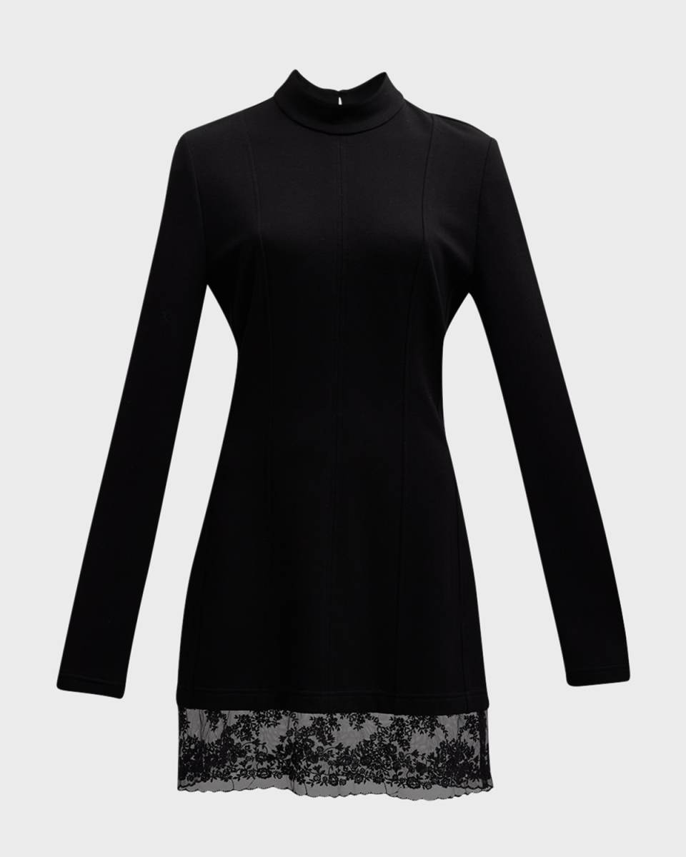 Mock-Neck Lace-Hem Jersey Mini Dress